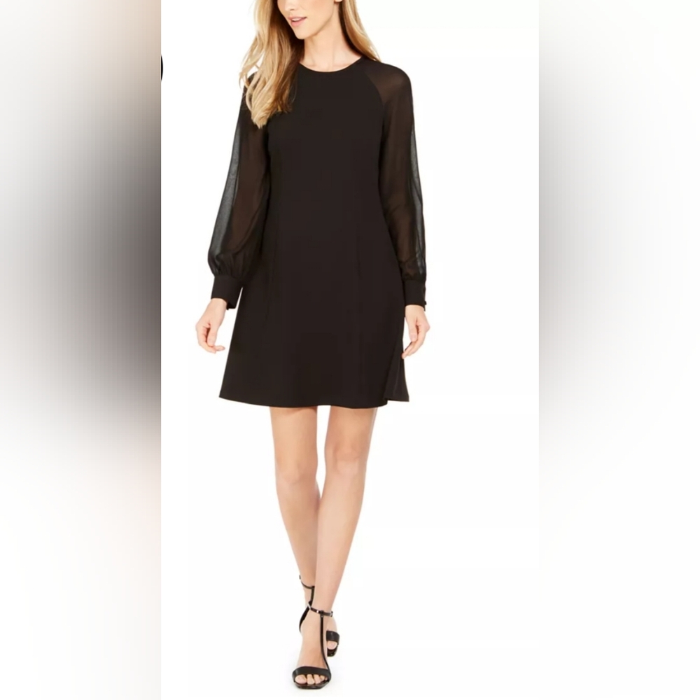 Calvin Klein Size 16 Black NWT Illusion Long Sleeve Mini Dress